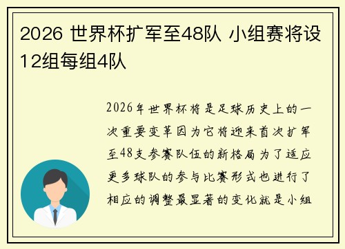 2026 世界杯扩军至48队 小组赛将设12组每组4队