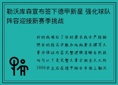 勒沃库森宣布签下德甲新星 强化球队阵容迎接新赛季挑战