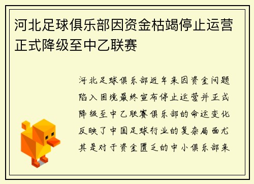 河北足球俱乐部因资金枯竭停止运营正式降级至中乙联赛